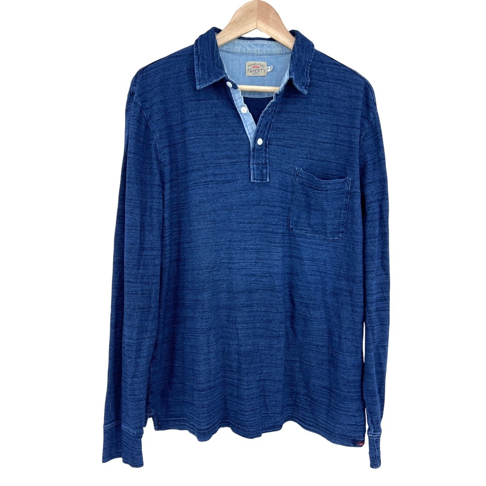 Faherty Mens Indigo‎ Long Sleeve Polo Shirt Blue XL
